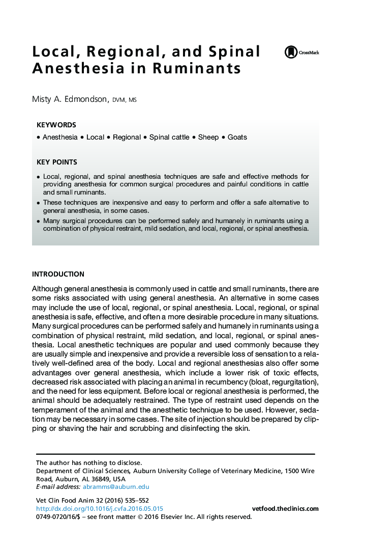 Local, Regional, and Spinal Anesthesia in Ruminants