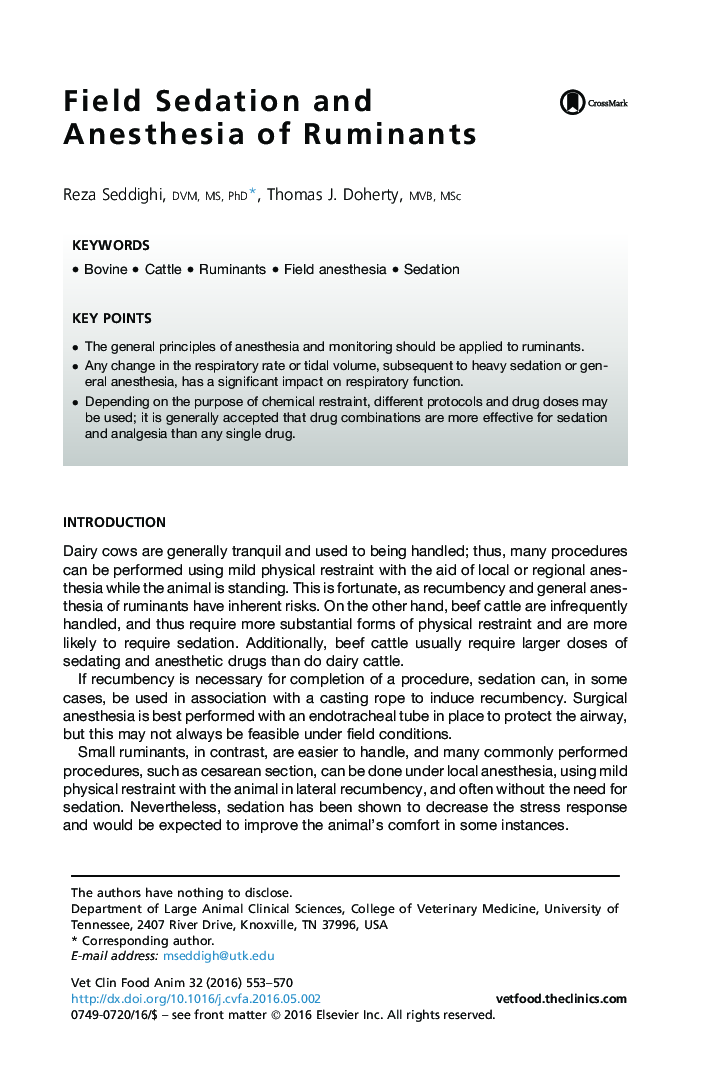 Field Sedation and Anesthesia of Ruminants