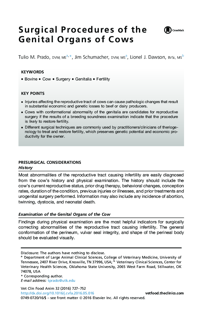 Surgical Procedures of the Genital Organs of Cows