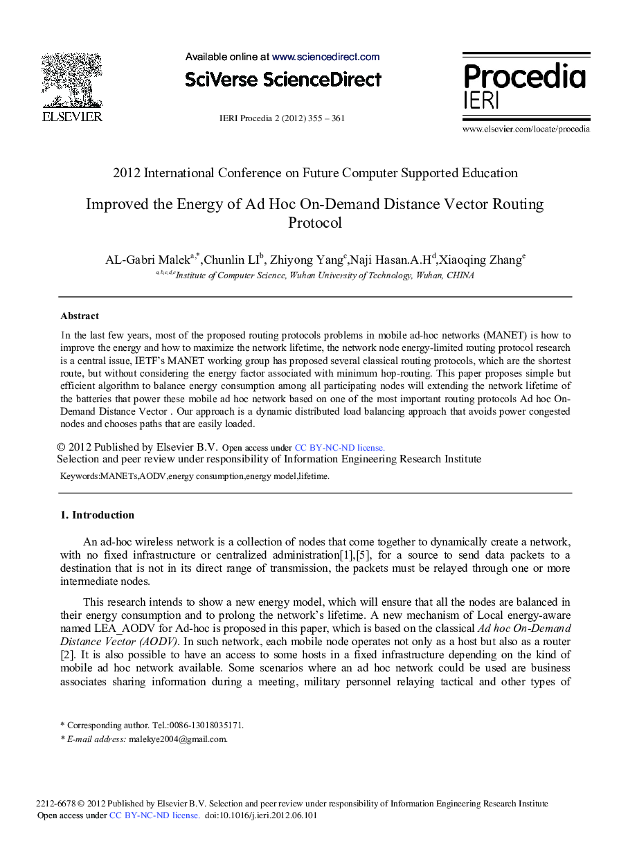 Improved the Energy of Ad Hoc On-Demand Distance Vector Routing Protocol