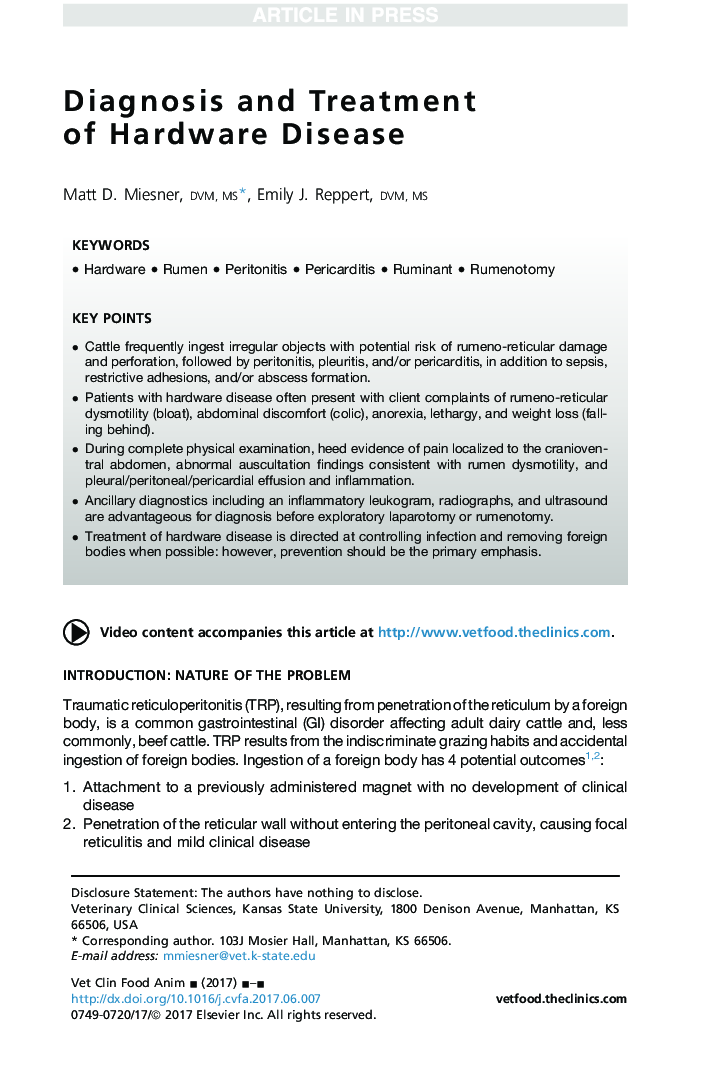 Diagnosis and Treatment of Hardware Disease