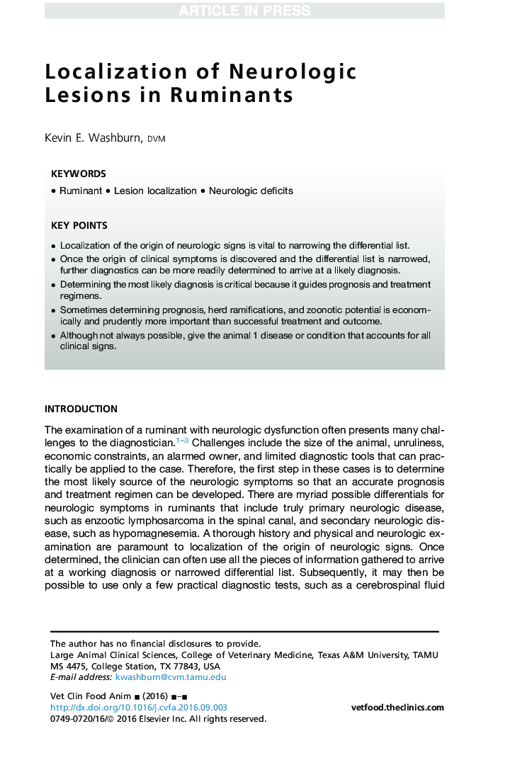 Localization of Neurologic Lesions in Ruminants