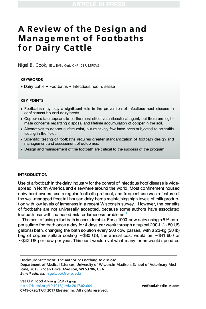 A Review of the Design and Management of Footbaths for Dairy Cattle