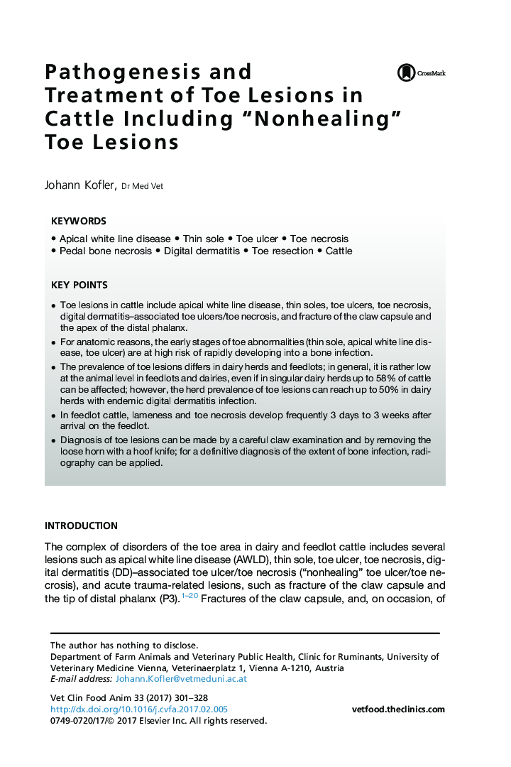 عکس صفحه اول مقاله: Pathogenesis and Treatment of Toe Lesions in Cattle Including “Nonhealing” Toe Lesions Pathogenesis and Treatment of Toe Lesions in Cattle Including “Nonhealing” Toe Lesions