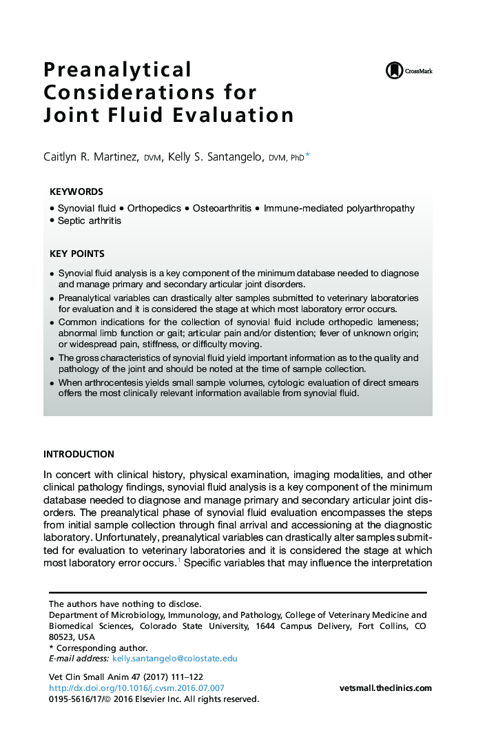 Preanalytical Considerations for Joint Fluid Evaluation