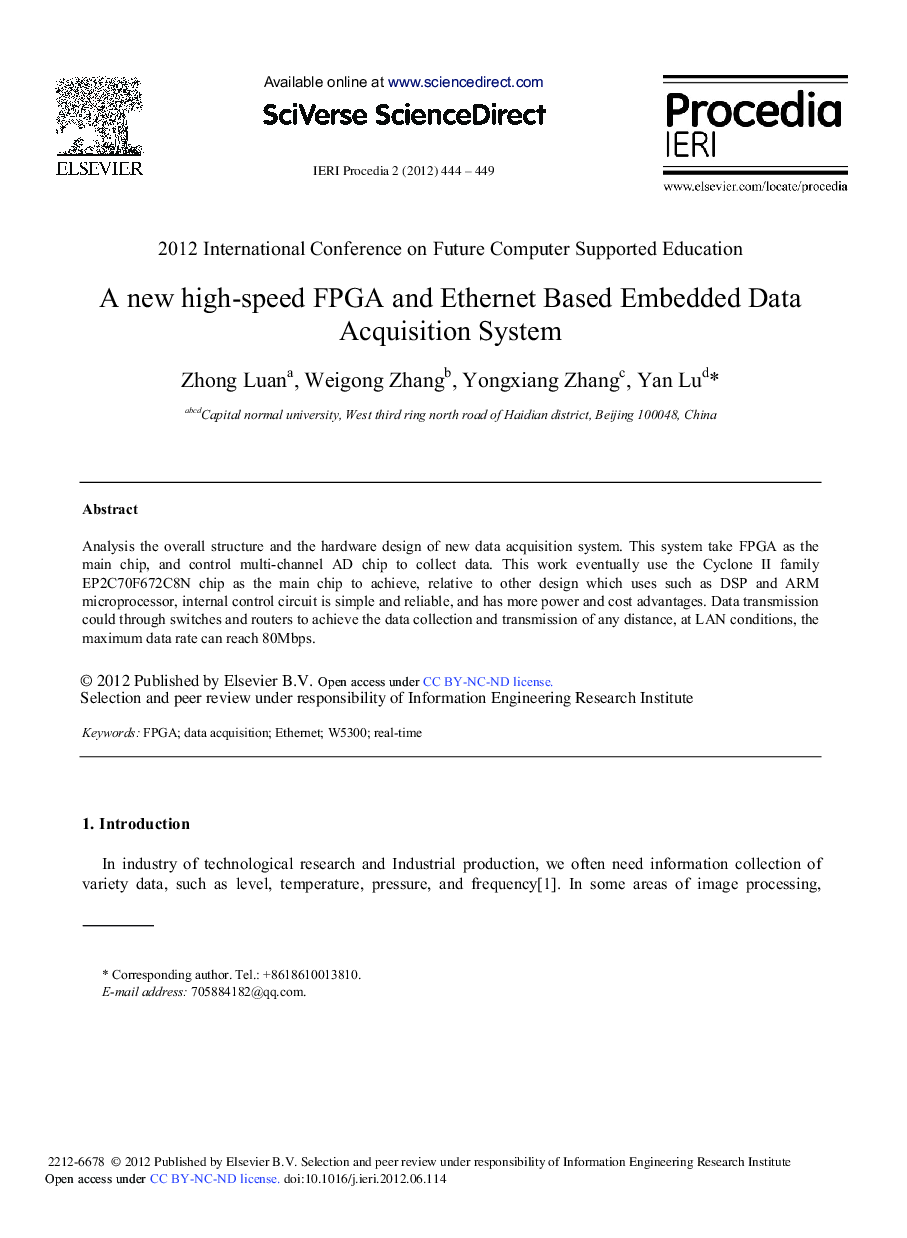 A new high–speed FPGA and Ethernet Based Embedded Data Acquisition System