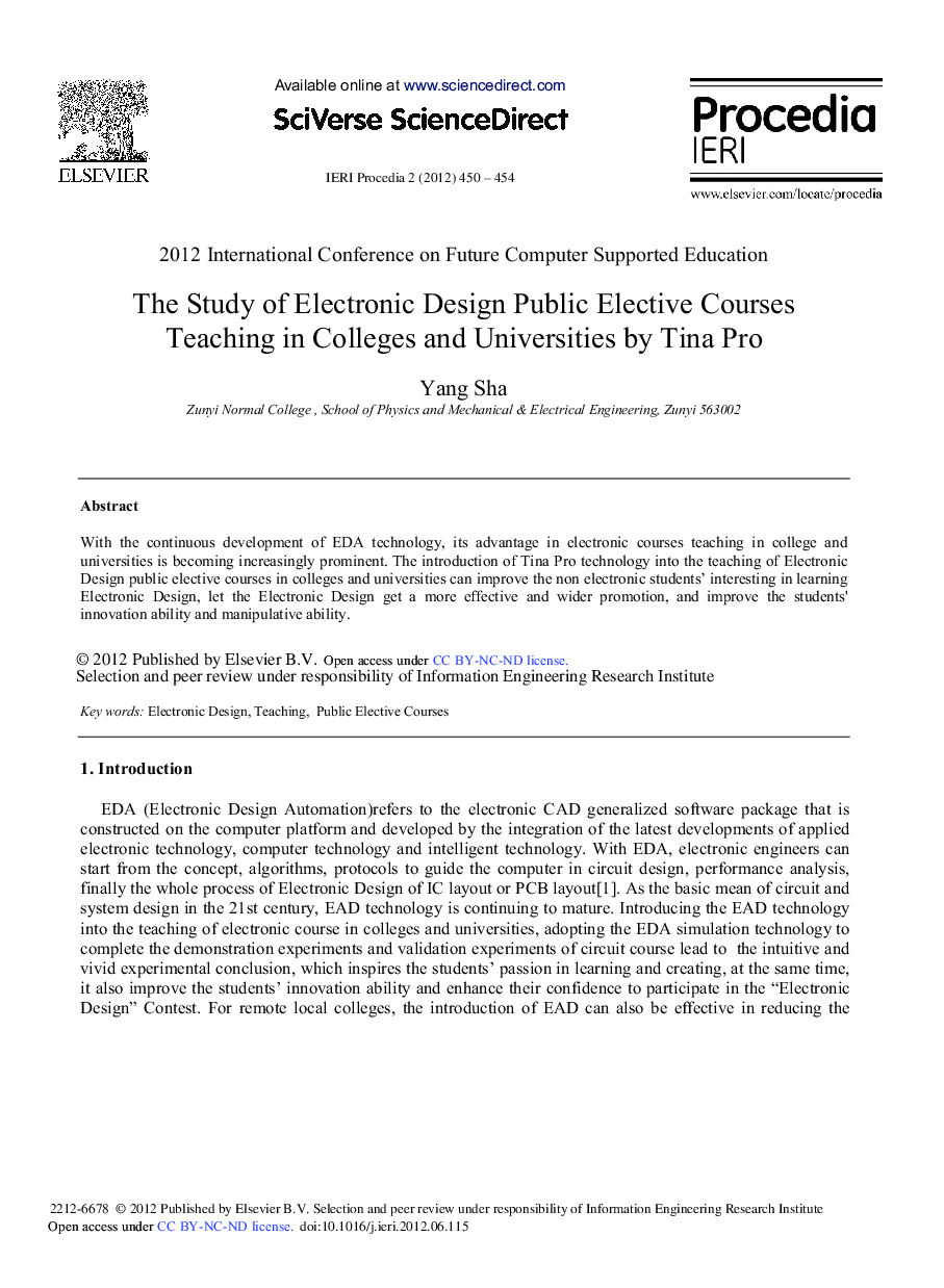 The Study of Electronic Design Public Elective Courses Teaching in Colleges and Universities by Tina Pro