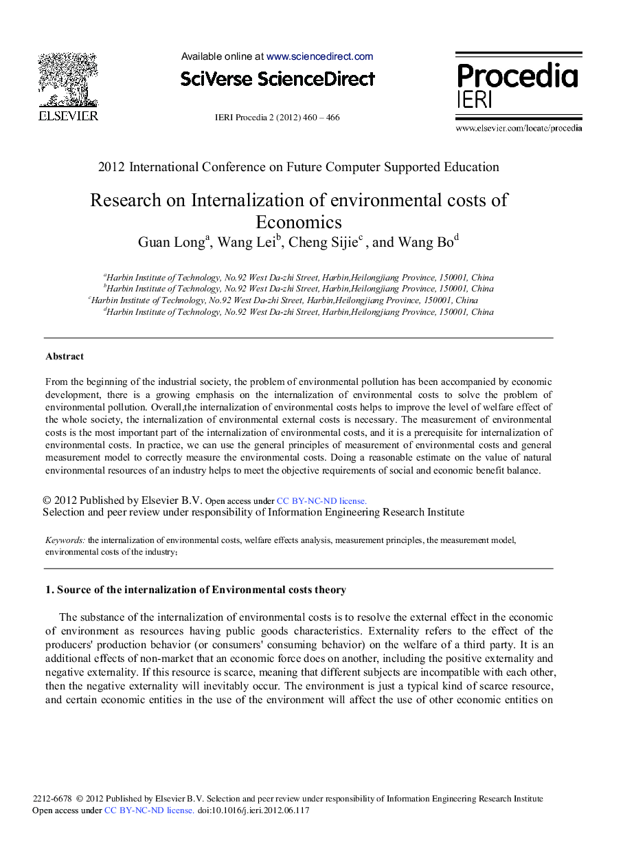 Research on Internalization of Environmental Costs of Economics