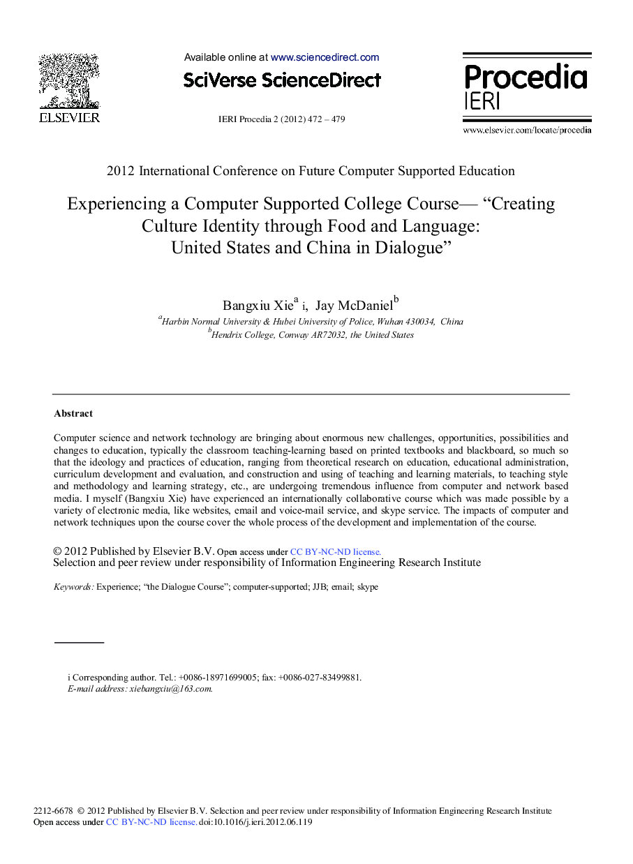 Experiencing a Computer Supported College Course– “Creating Culture Identity through Food and Language: United States and China in Dialogue”