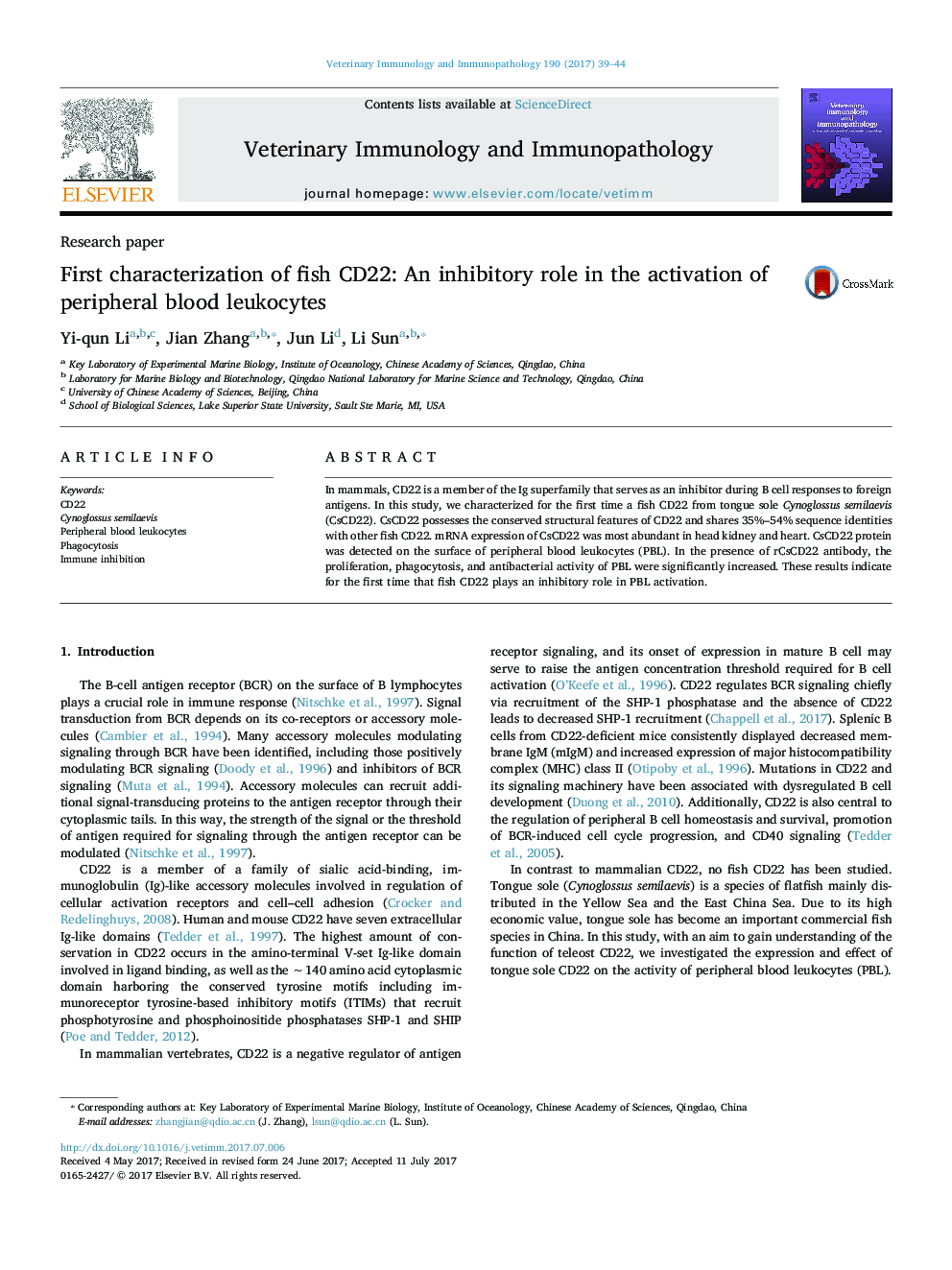 First characterization of fish CD22: An inhibitory role in the activation of peripheral blood leukocytes