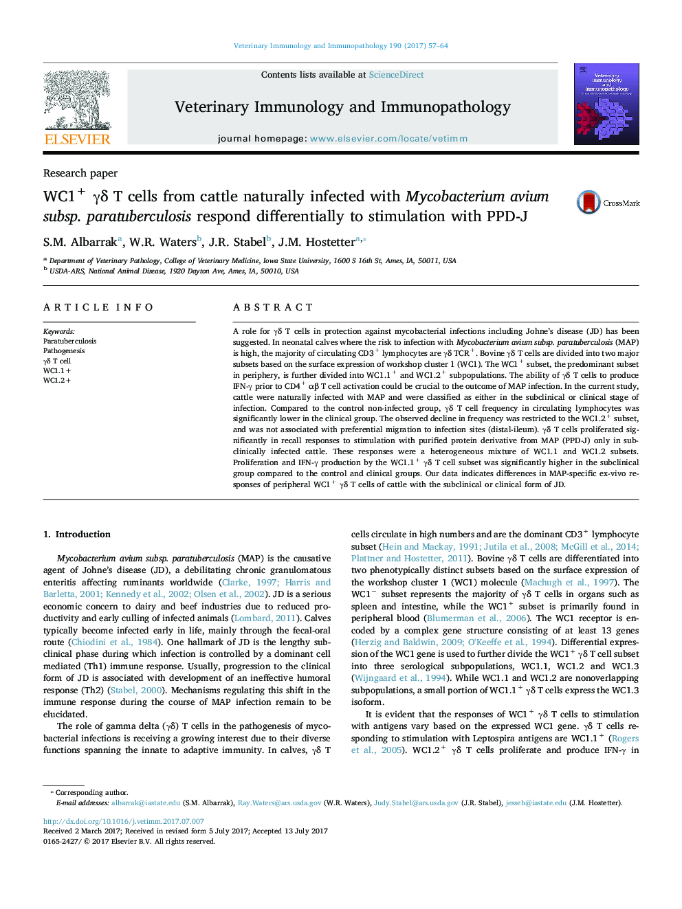 WC1+ Î³Î´ T cells from cattle naturally infected with Mycobacterium avium subsp. paratuberculosis respond differentially to stimulation with PPD-J