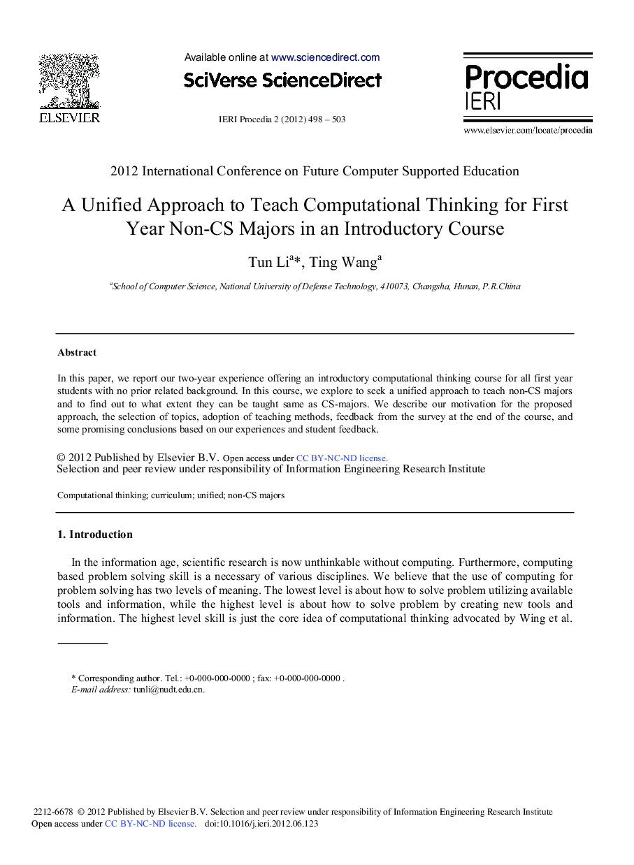 A Unified Approach to Teach Computational Thinking for First Year Non–CS Majors in an Introductory Course