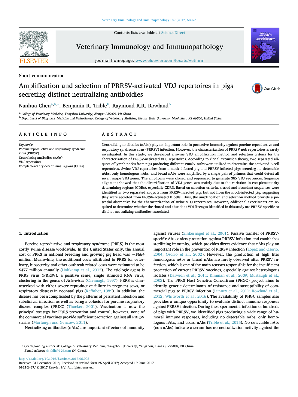 Amplification and selection of PRRSV-activated VDJ repertoires in pigs secreting distinct neutralizing antiboidies