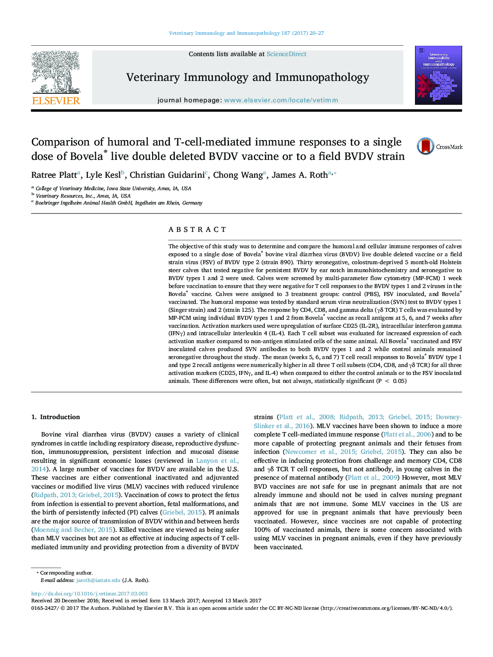 Comparison of humoral and T-cell-mediated immune responses to a single dose of Bovela® live double deleted BVDV vaccine or to a field BVDV strain