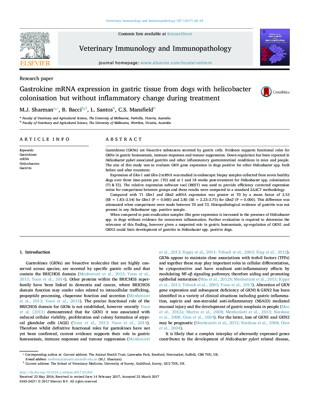 Gastrokine mRNA expression in gastric tissue from dogs with helicobacter colonisation but without inflammatory change during treatment