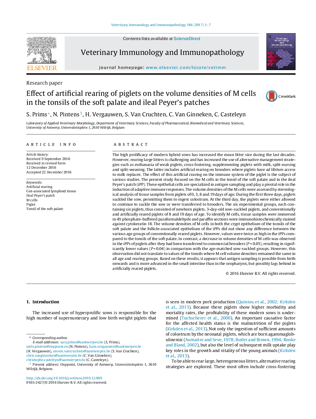 Effect of artificial rearing of piglets on the volume densities of M cells in the tonsils of the soft palate and ileal Peyer's patches