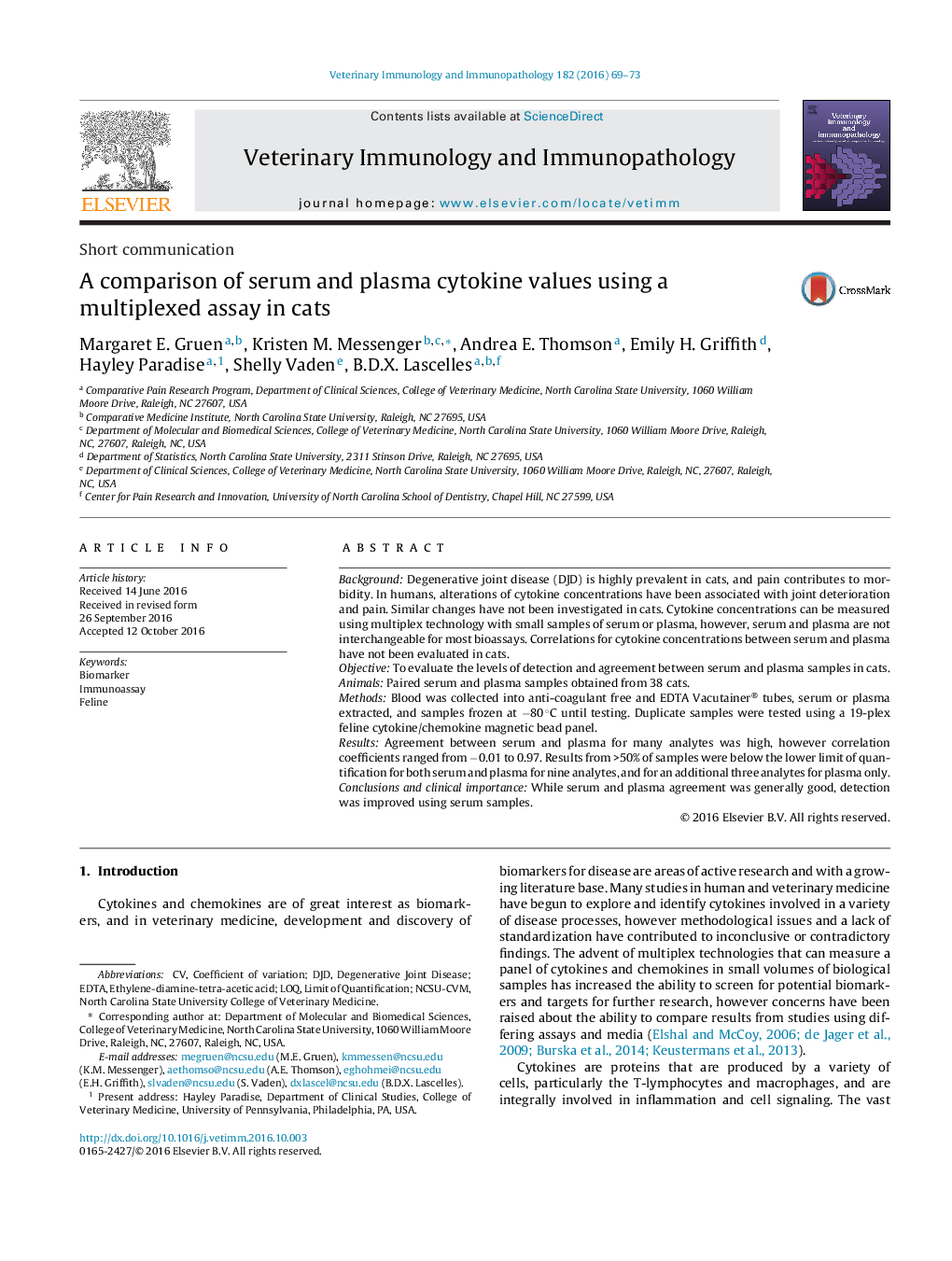 A comparison of serum and plasma cytokine values using a multiplexed assay in cats