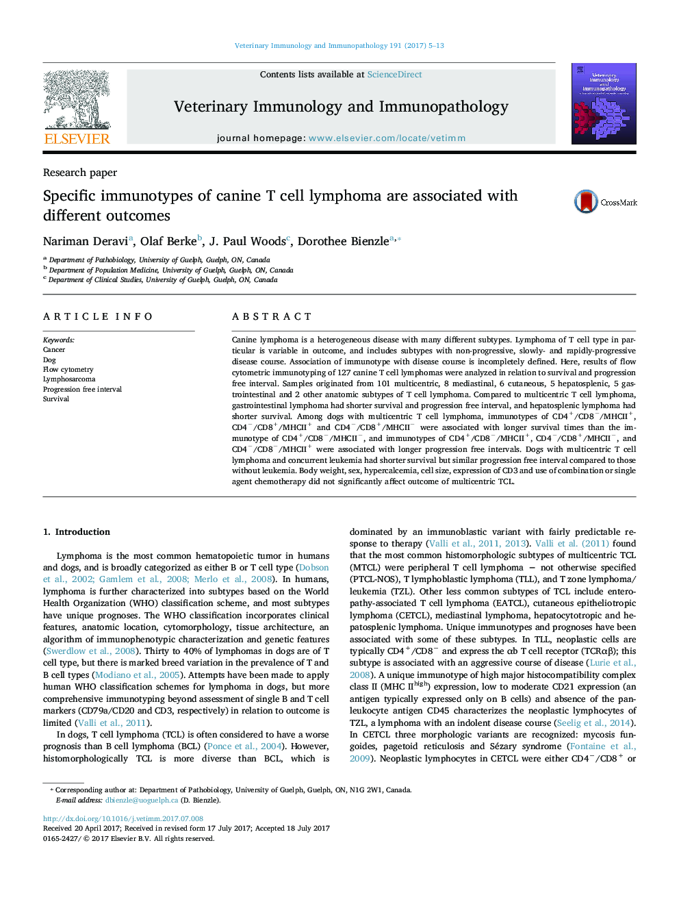 Specific immunotypes of canine T cell lymphoma are associated with different outcomes