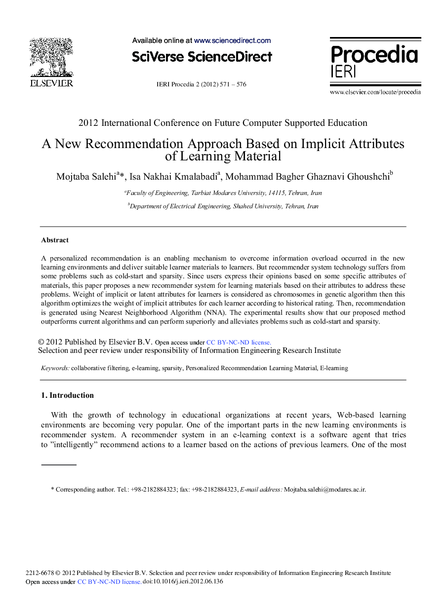 A New Recommendation Approach Based on Implicit Attributes of Learning Material