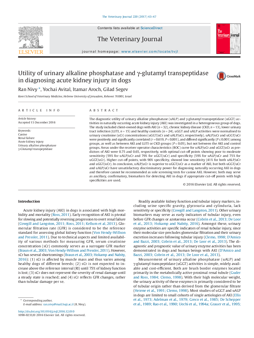 Utility of urinary alkaline phosphatase and Î³-glutamyl transpeptidase in diagnosing acute kidney injury in dogs