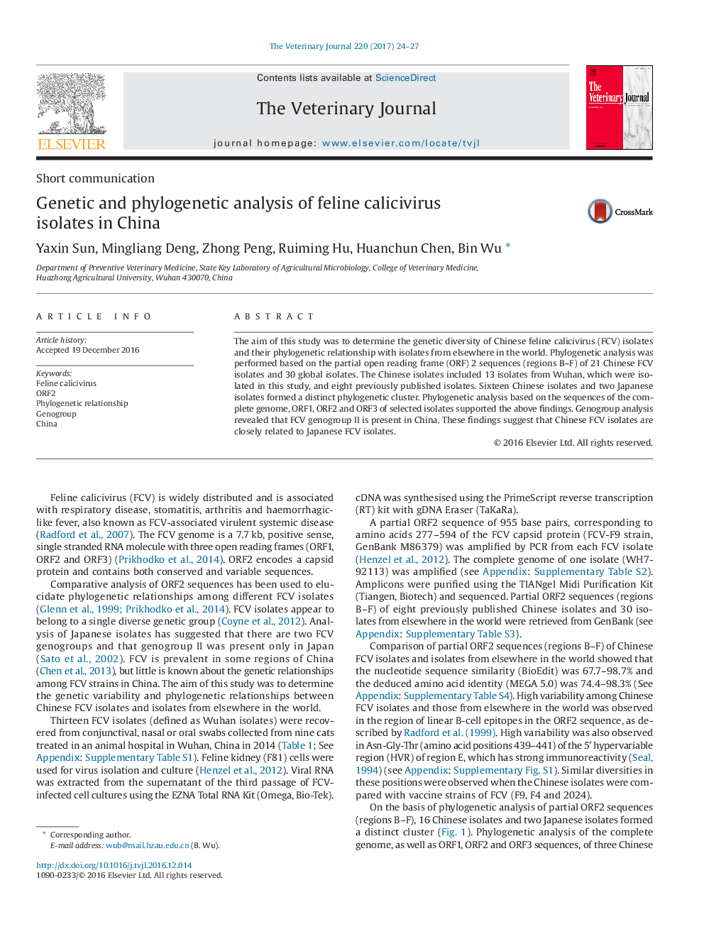 Genetic and phylogenetic analysis of feline calicivirus isolates in China