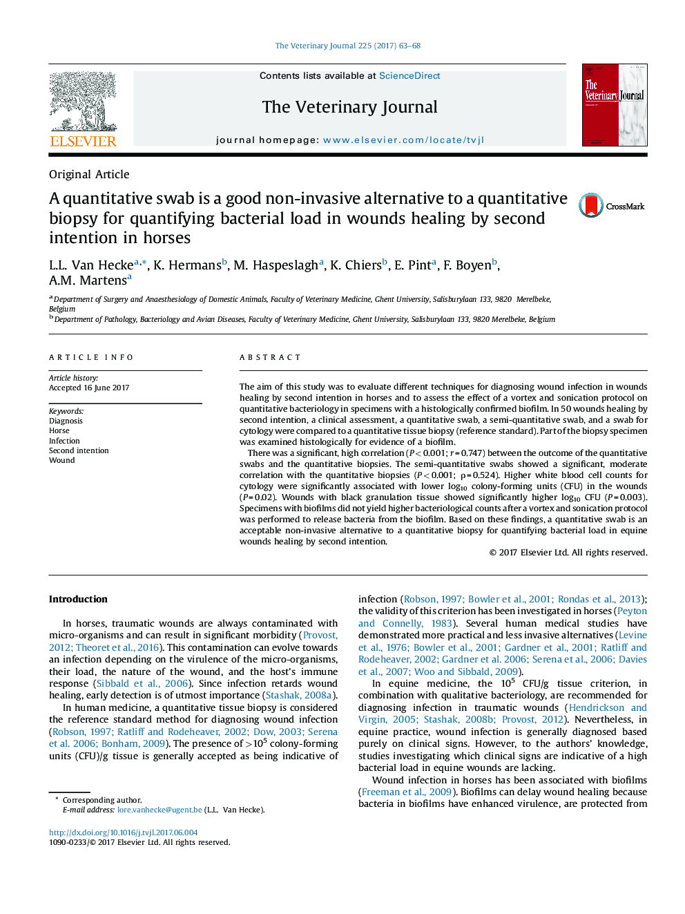 A quantitative swab is a good non-invasive alternative to a quantitative biopsy for quantifying bacterial load in wounds healing by second intention in horses