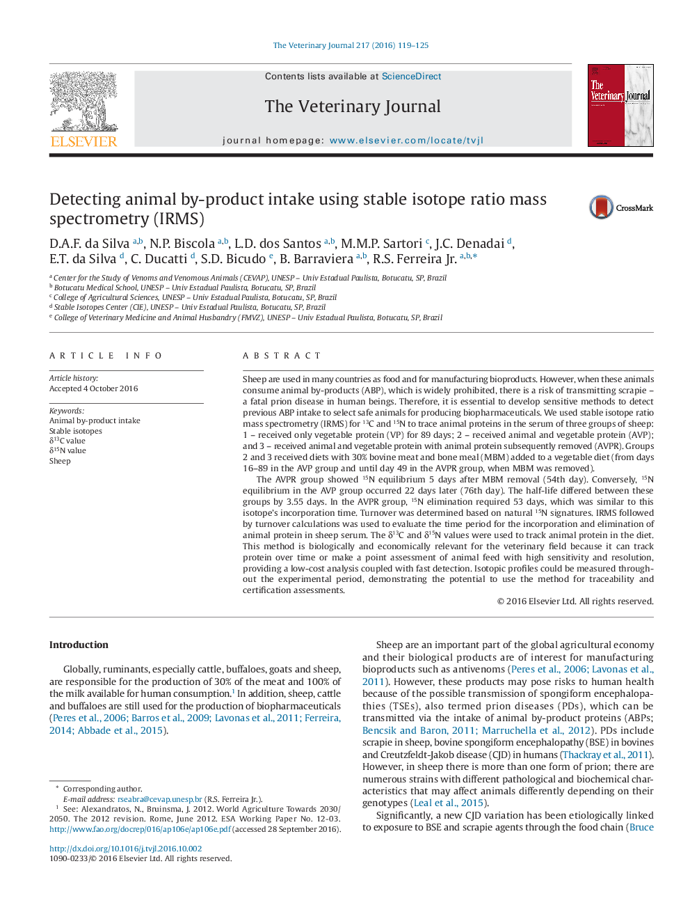 Detecting animal by-product intake using stable isotope ratio mass spectrometry (IRMS)