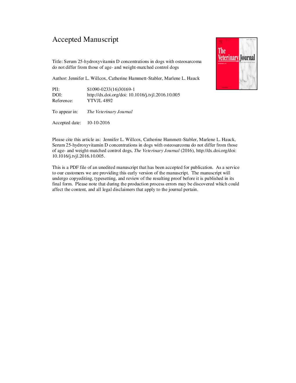 Serum 25-hydroxyvitamin D concentrations in dogs with osteosarcoma do not differ from those of age- and weight-matched control dogs