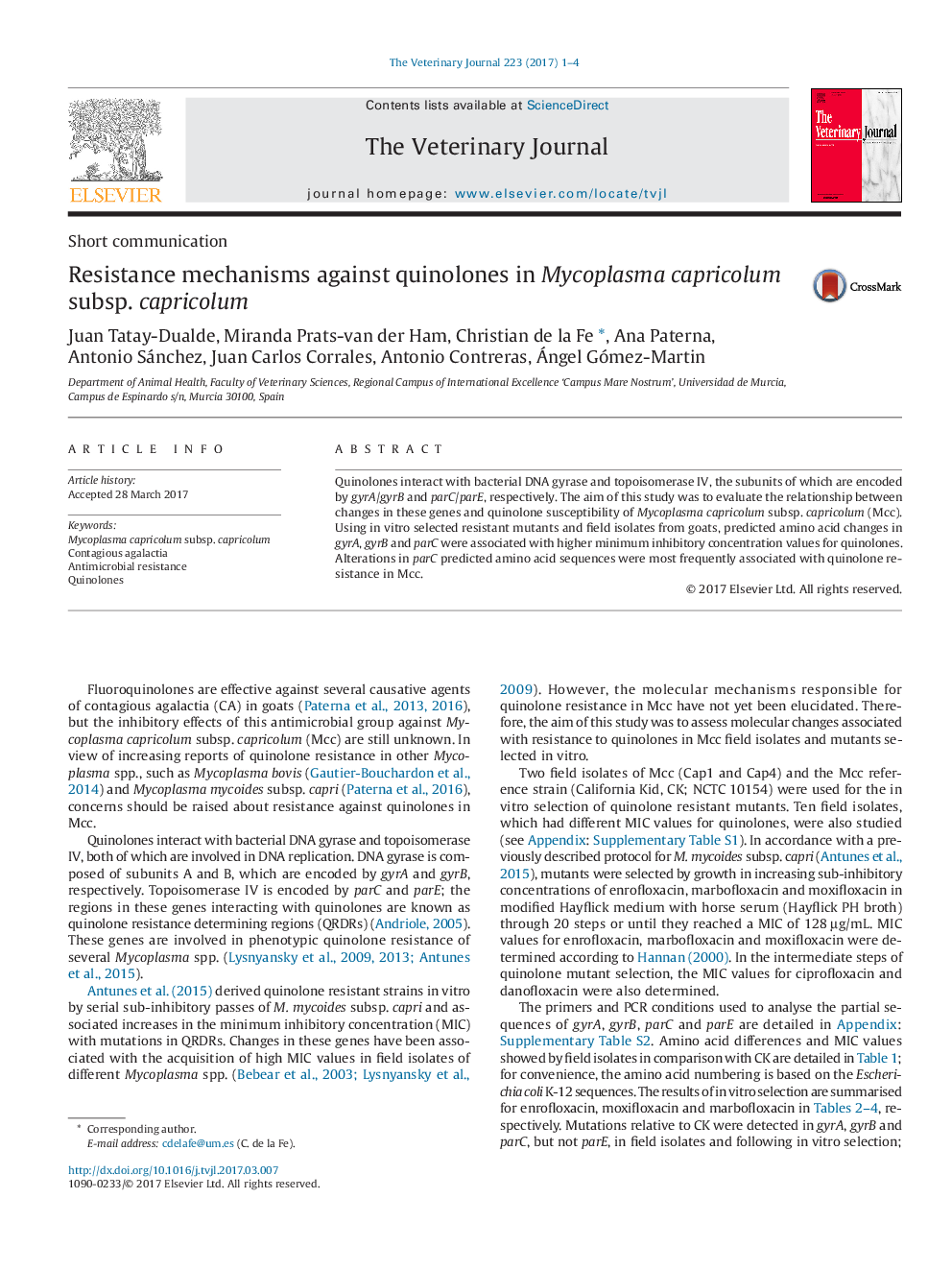 Resistance mechanisms against quinolones in Mycoplasma capricolum subsp. capricolum