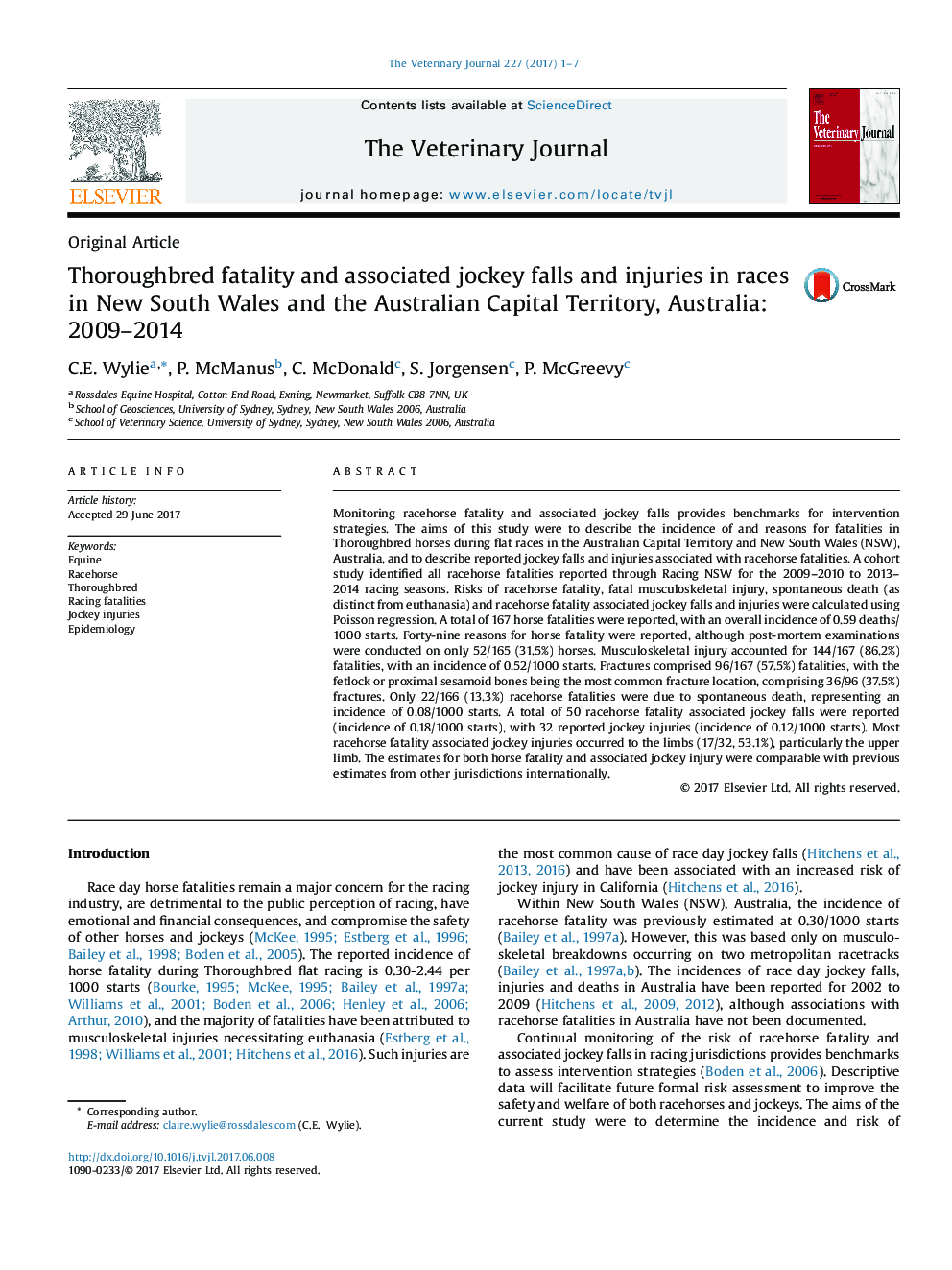 Thoroughbred fatality and associated jockey falls and injuries in races in New South Wales and the Australian Capital Territory, Australia: 2009-2014