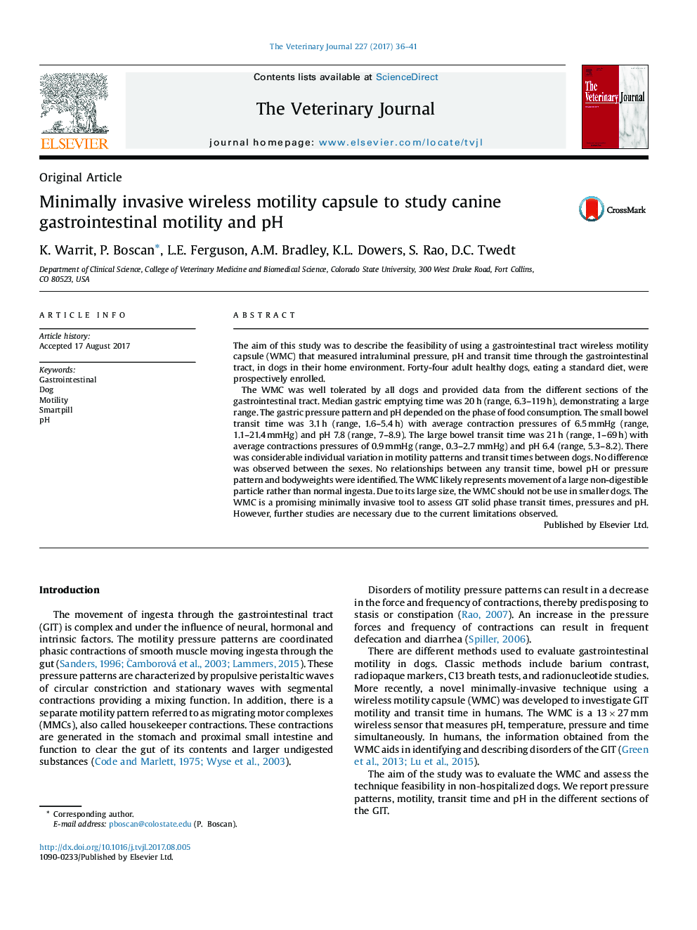 Minimally invasive wireless motility capsule to study canine gastrointestinal motility and pH