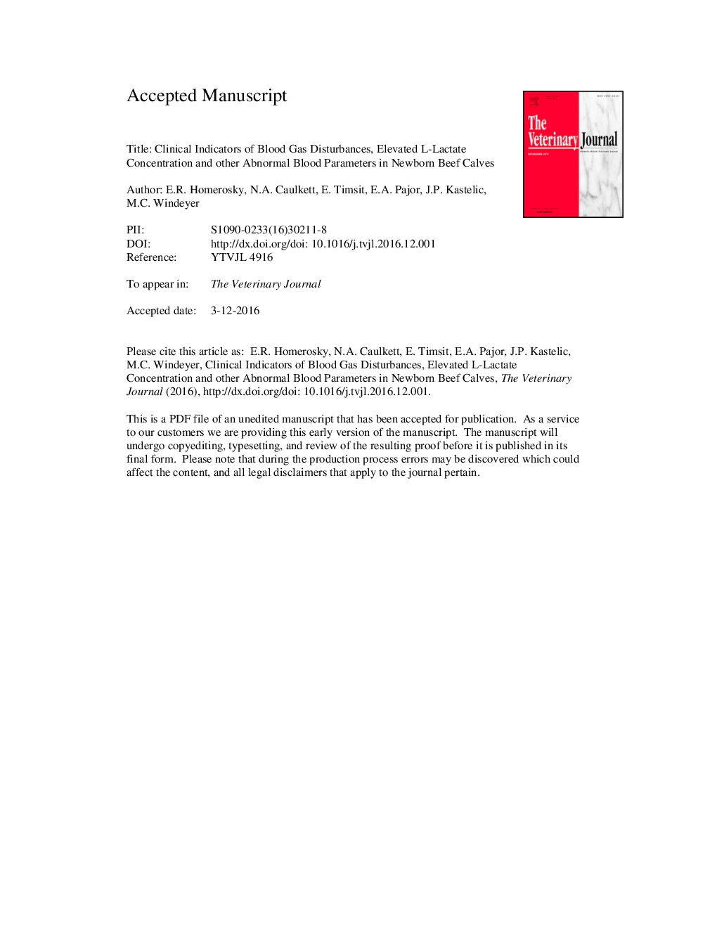 Clinical indicators of blood gas disturbances, elevated L-lactate concentration and other abnormal blood parameters in newborn beef calves