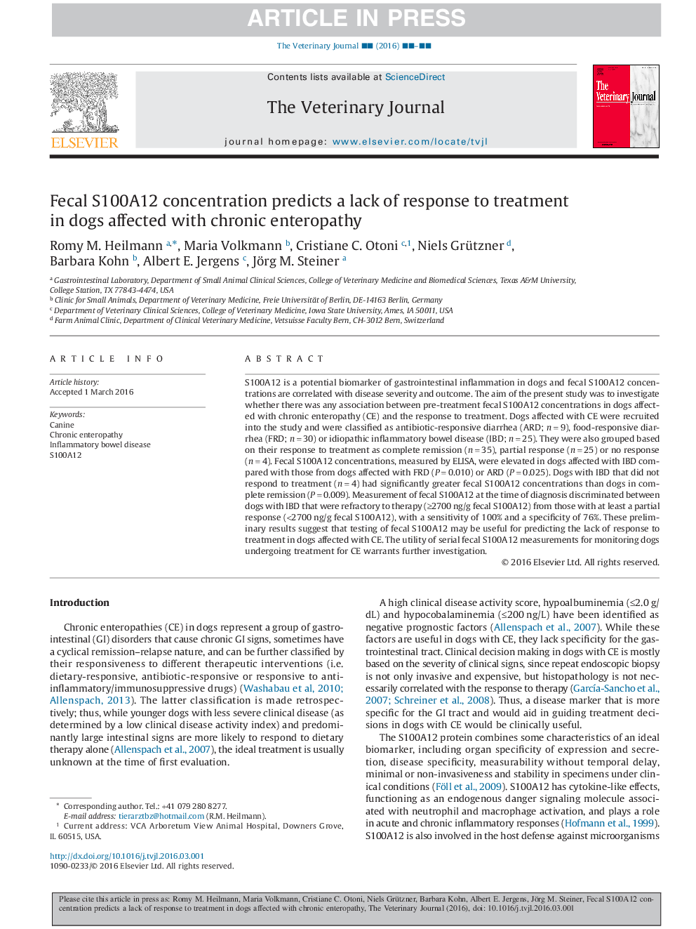 Fecal S100A12 concentration predicts a lack of response to treatment in dogs affected with chronic enteropathy