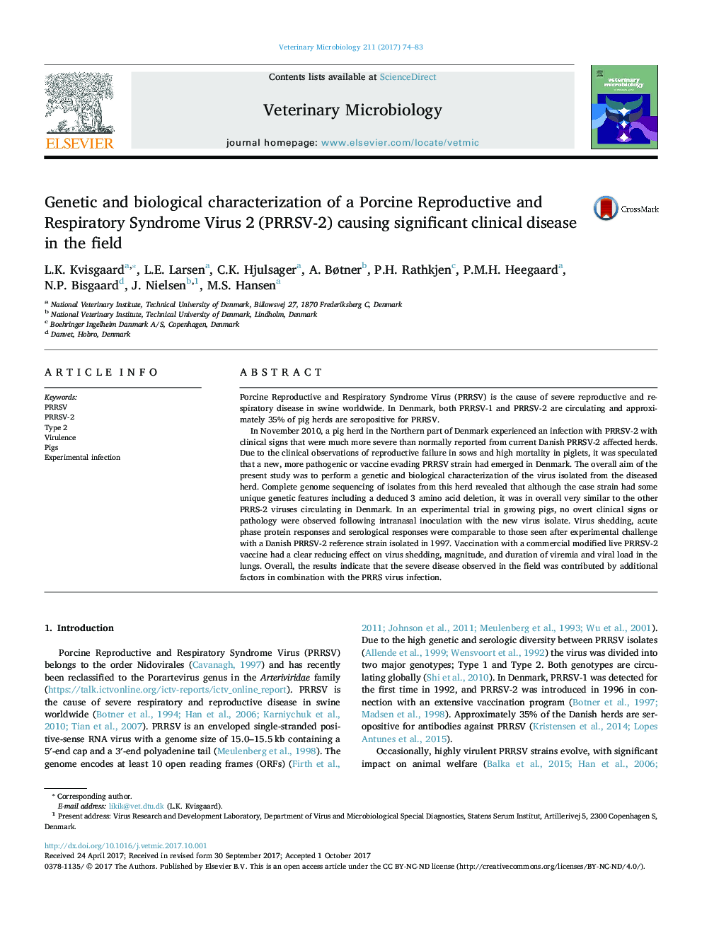 Genetic and biological characterization of a Porcine Reproductive and Respiratory Syndrome Virus 2 (PRRSV-2) causing significant clinical disease in the field