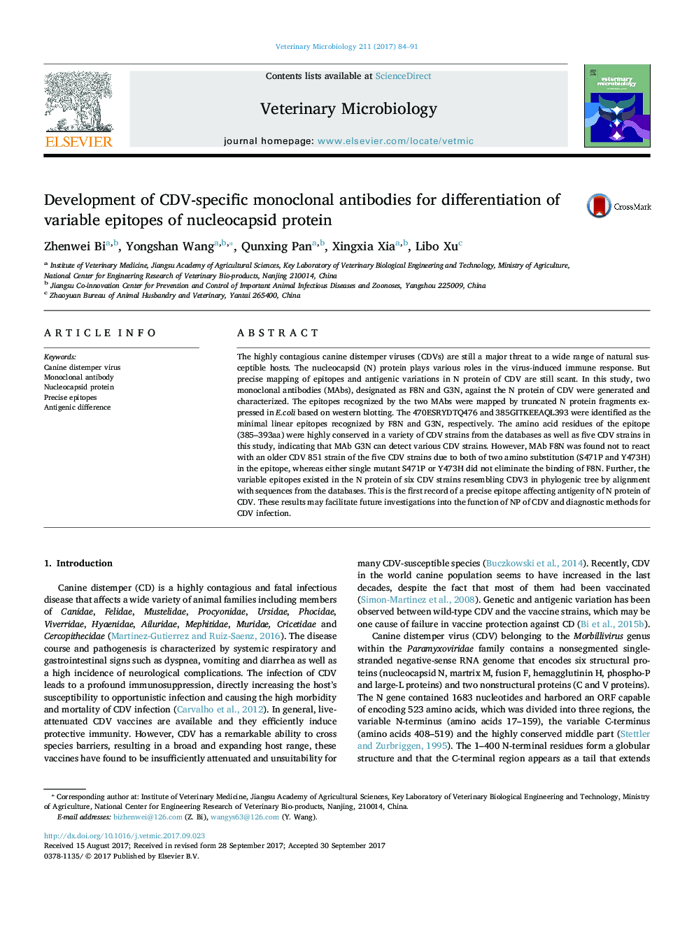 Development of CDV-specific monoclonal antibodies for differentiation of variable epitopes of nucleocapsid protein