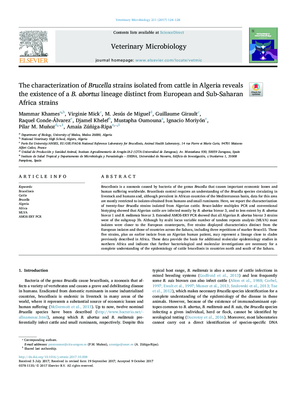 The characterization of Brucella strains isolated from cattle in Algeria reveals the existence of a B. abortus lineage distinct from European and Sub-Saharan Africa strains