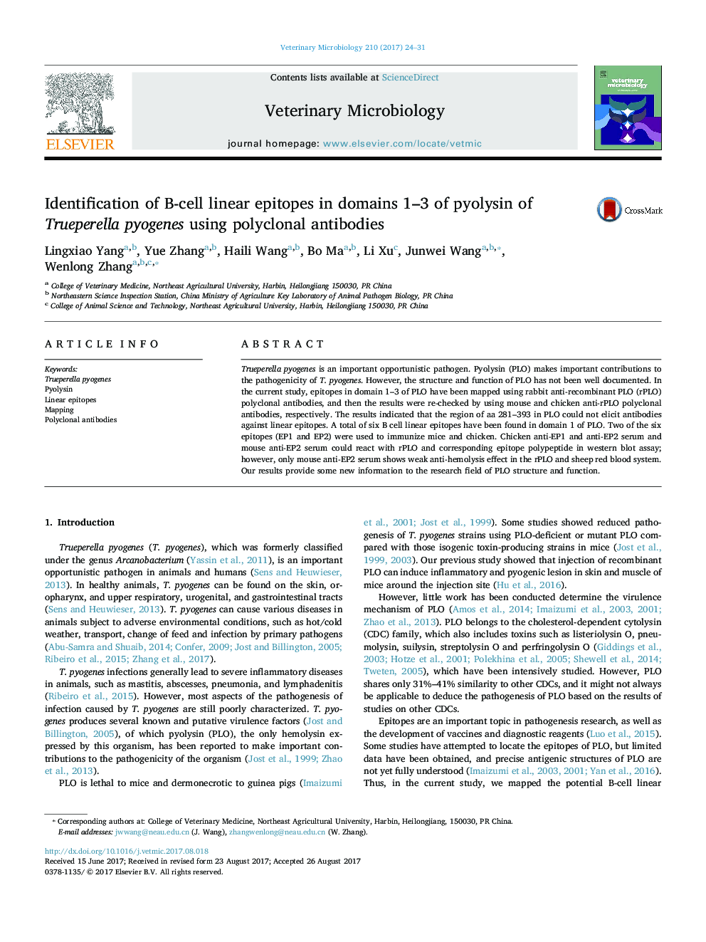 Identification of B-cell linear epitopes in domains 1-3 of pyolysin of Trueperella pyogenes using polyclonal antibodies