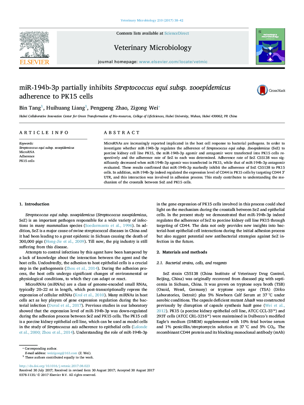 miR-194b-3p partially inhibits Streptococcus equi subsp. zooepidemicus adherence to PK15 cells