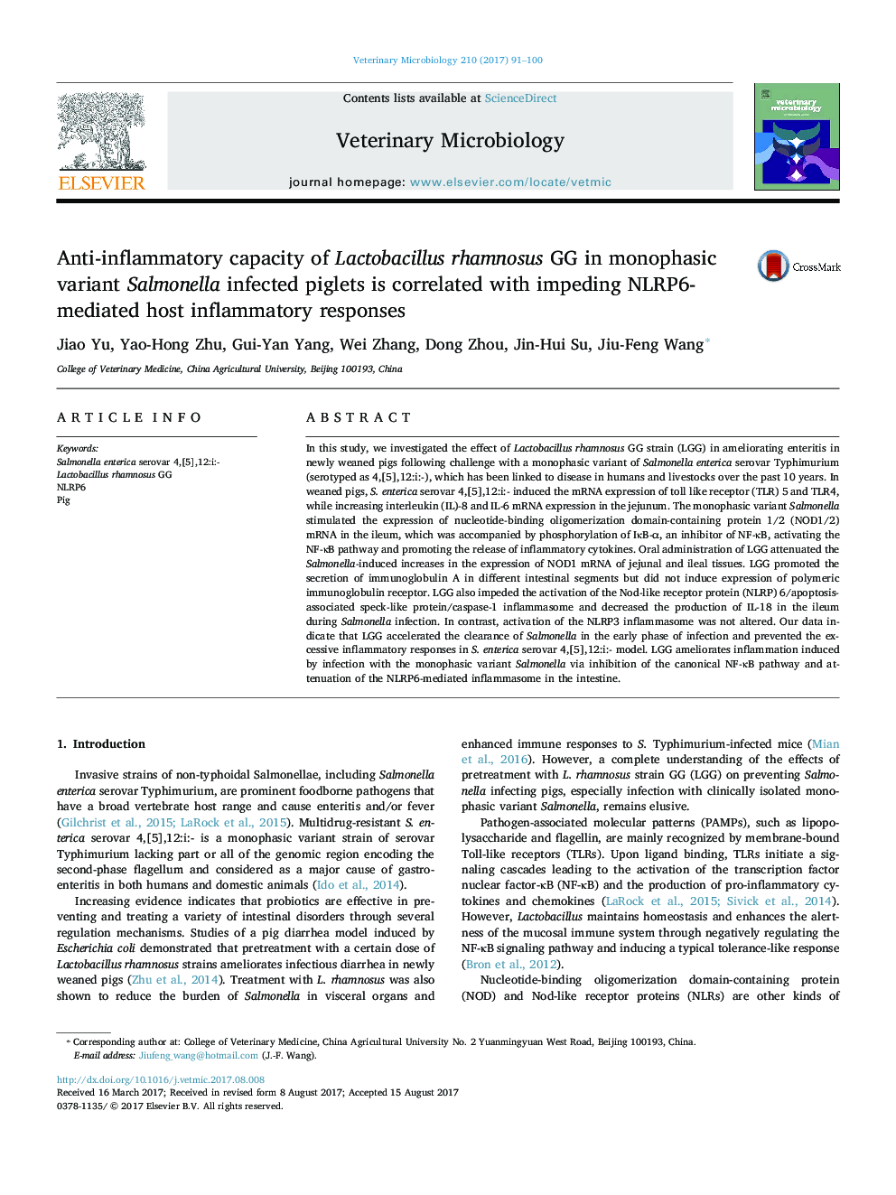 Anti-inflammatory capacity of Lactobacillus rhamnosus GG in monophasic variant Salmonella infected piglets is correlated with impeding NLRP6-mediated host inflammatory responses