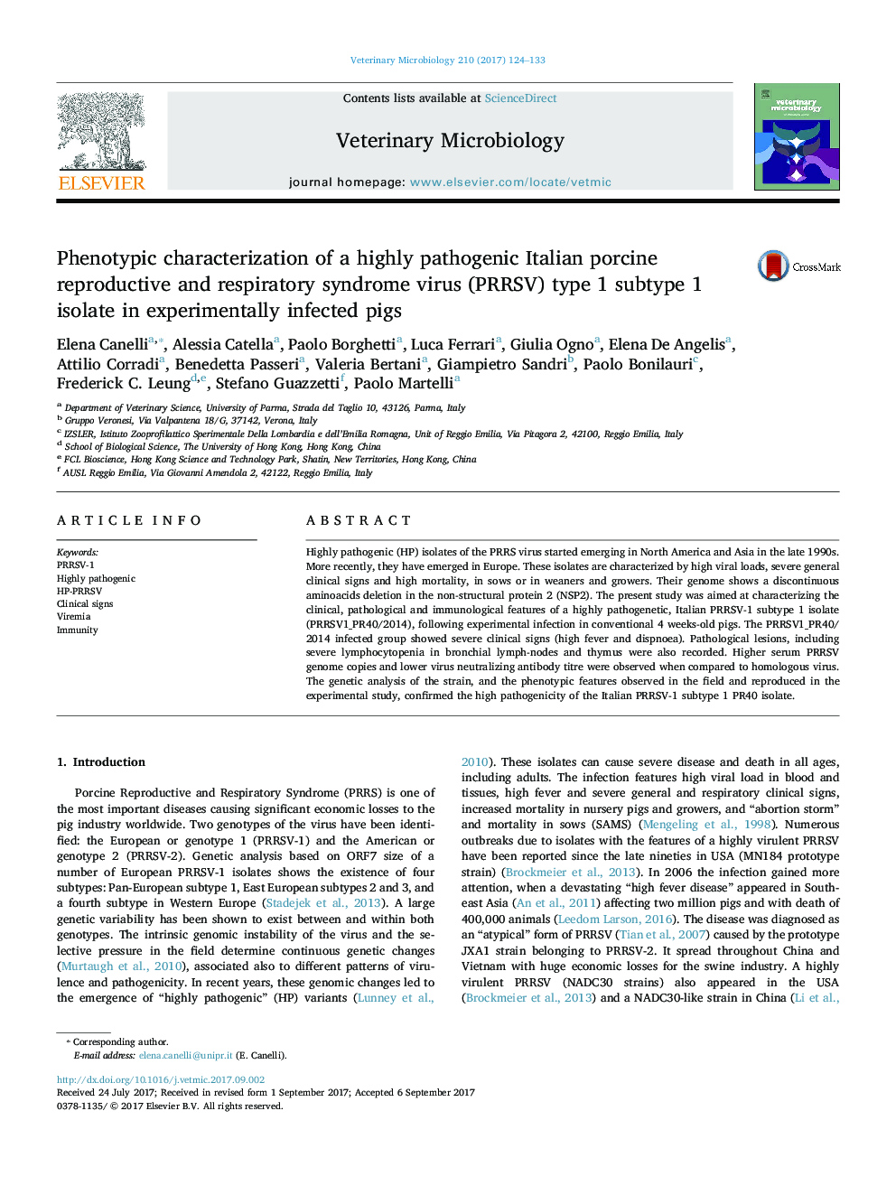 Phenotypic characterization of a highly pathogenic Italian porcine reproductive and respiratory syndrome virus (PRRSV) type 1 subtype 1 isolate in experimentally infected pigs