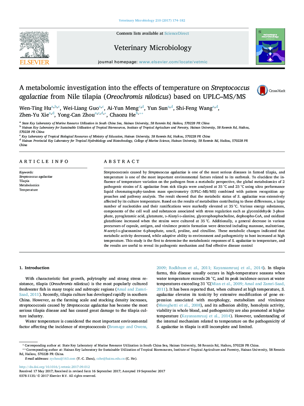 A metabolomic investigation into the effects of temperature on Streptococcus agalactiae from Nile tilapia (Oreochromis niloticus) based on UPLC-MS/MS