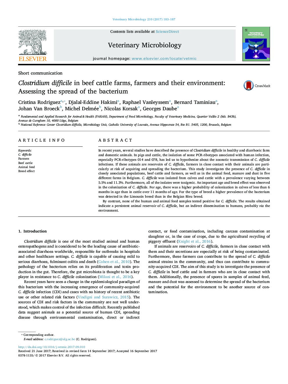 Clostridium difficile in beef cattle farms, farmers and their environment: Assessing the spread of the bacterium