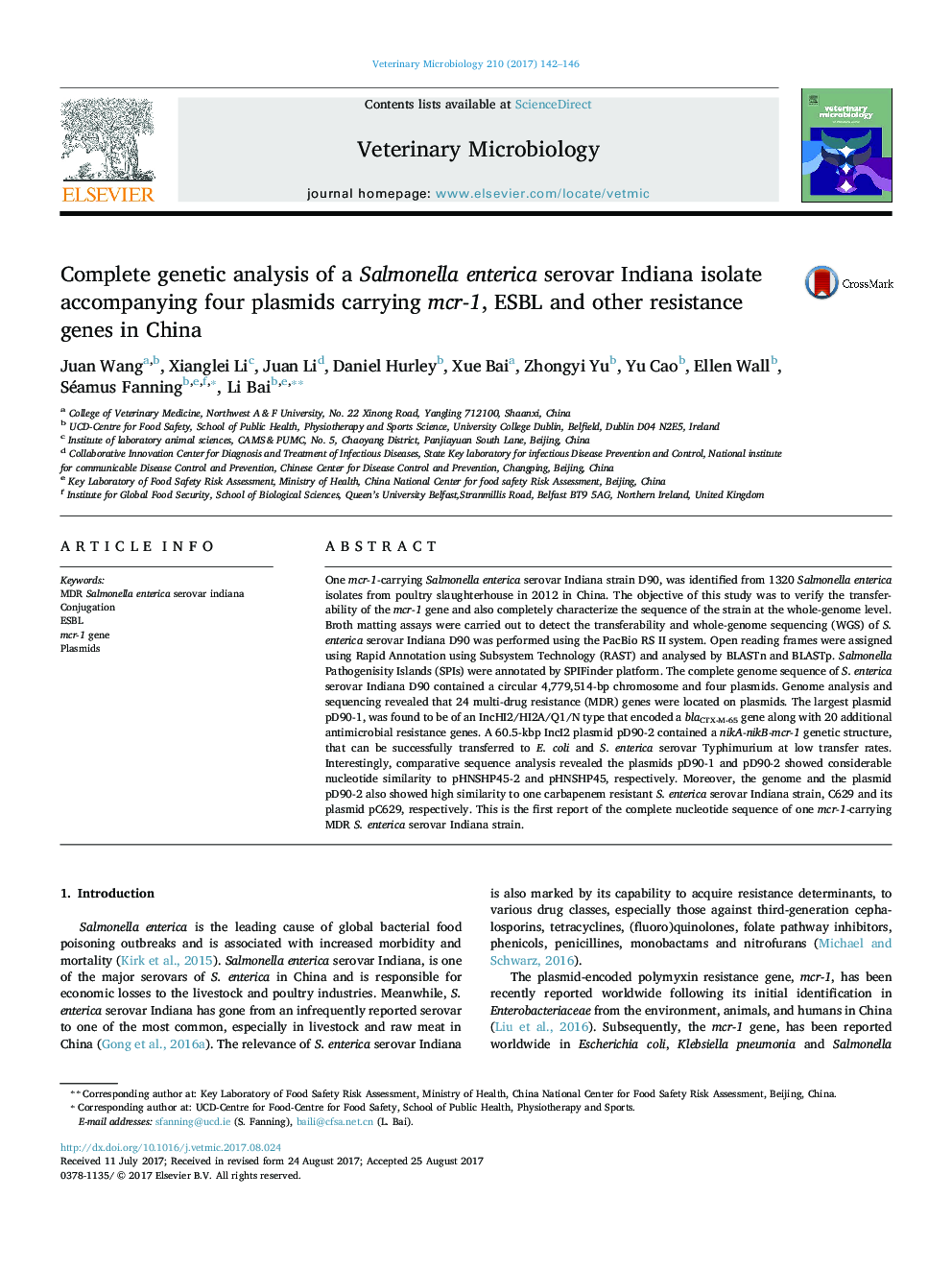 Complete genetic analysis of a Salmonella enterica serovar Indiana isolate accompanying four plasmids carrying mcr-1, ESBL and other resistance genes in China