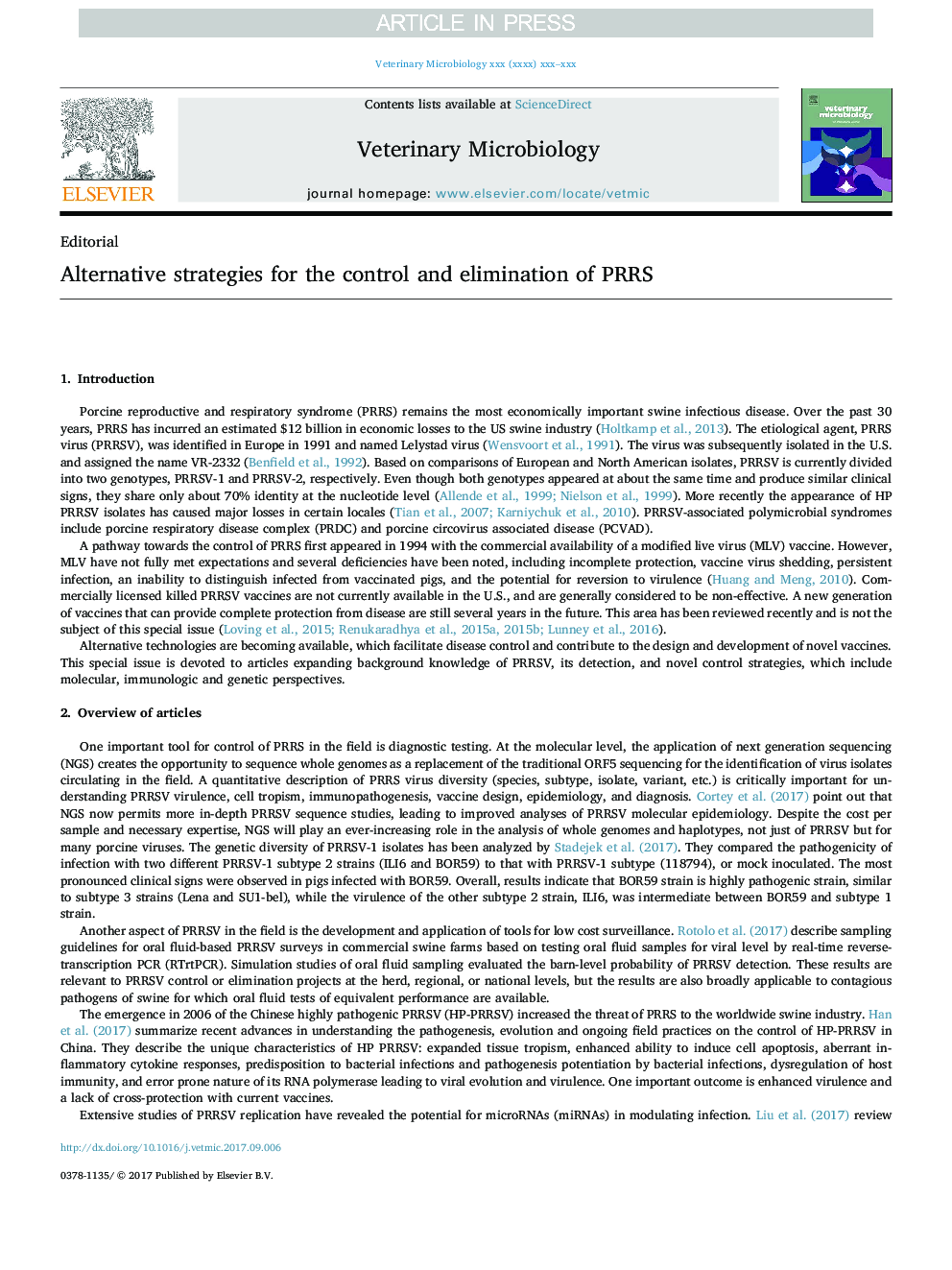 Alternative strategies for the control and elimination of PRRS