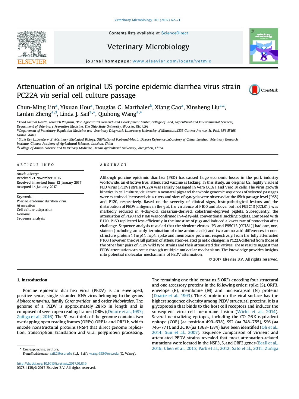 Attenuation of an original US porcine epidemic diarrhea virus strain PC22A via serial cell culture passage