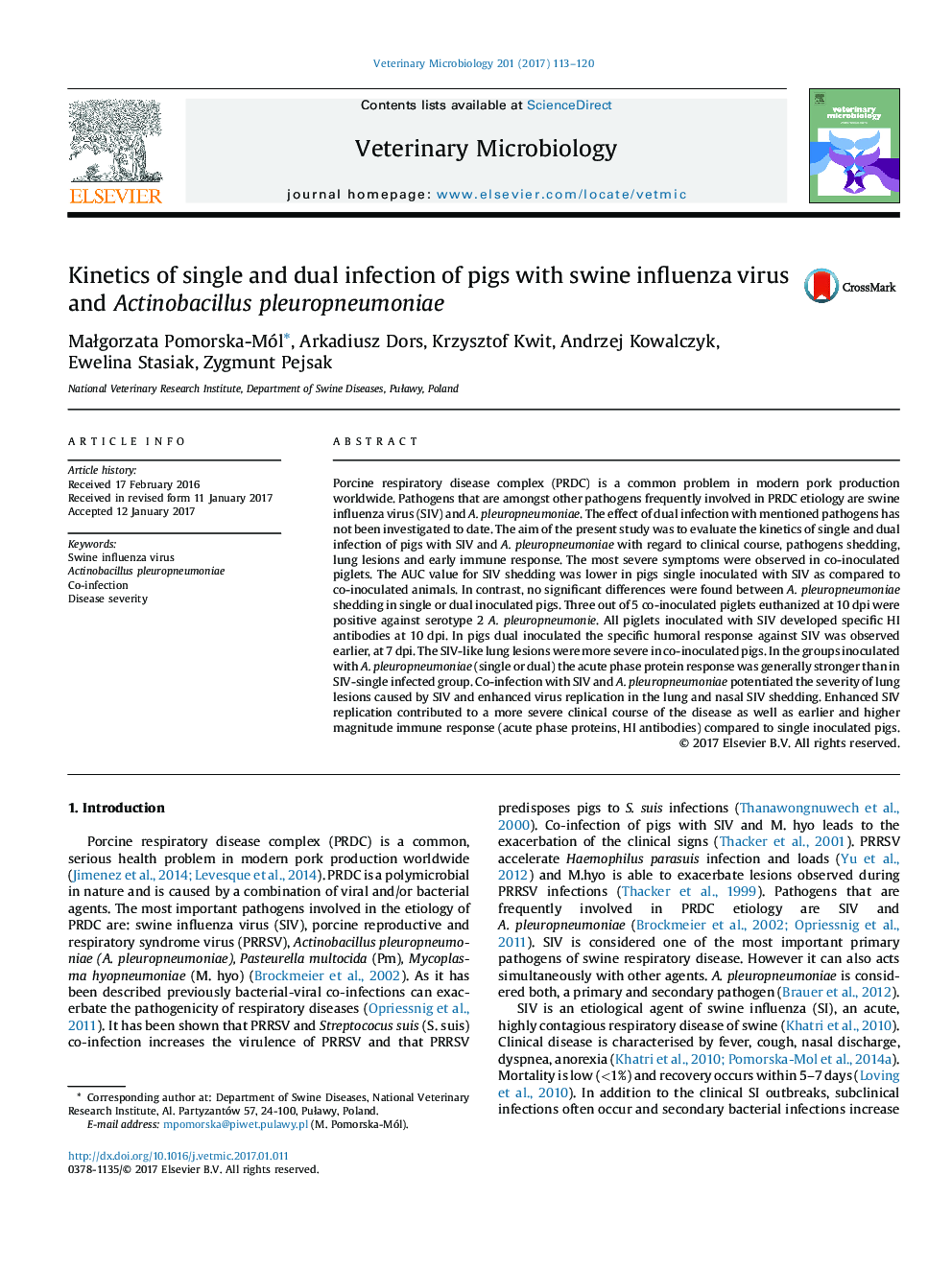 Kinetics of single and dual infection of pigs with swine influenza virus and Actinobacillus pleuropneumoniae