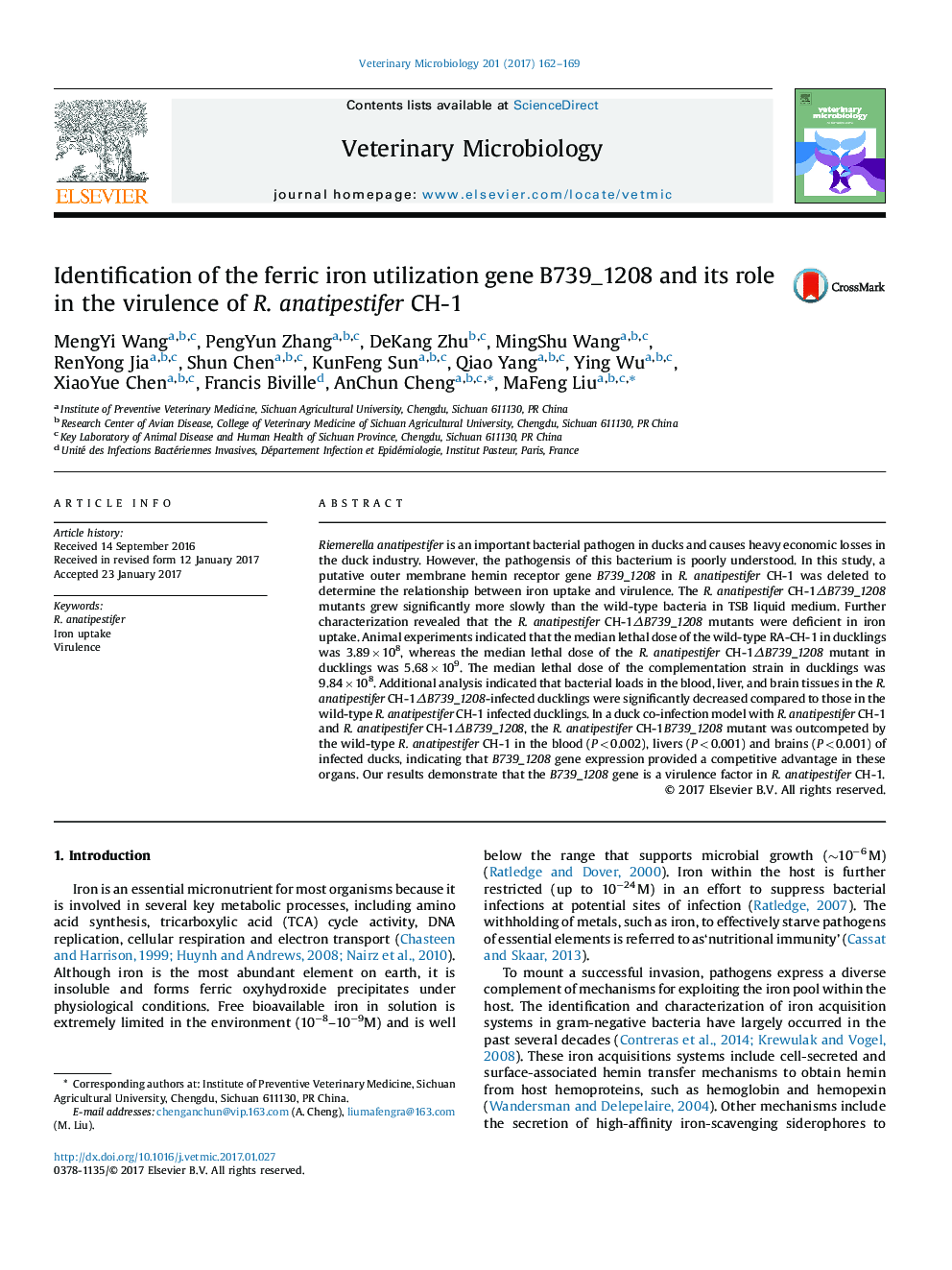 Identification of the ferric iron utilization gene B739_1208 and its role in the virulence of R. anatipestifer CH-1