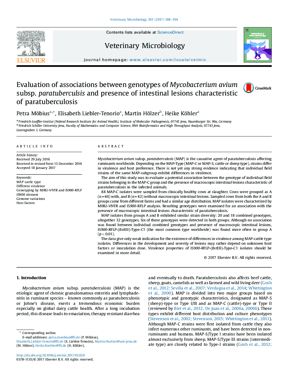 Evaluation of associations between genotypes of Mycobacterium avium subsp. paratuberculsis and presence of intestinal lesions characteristic of paratuberculosis