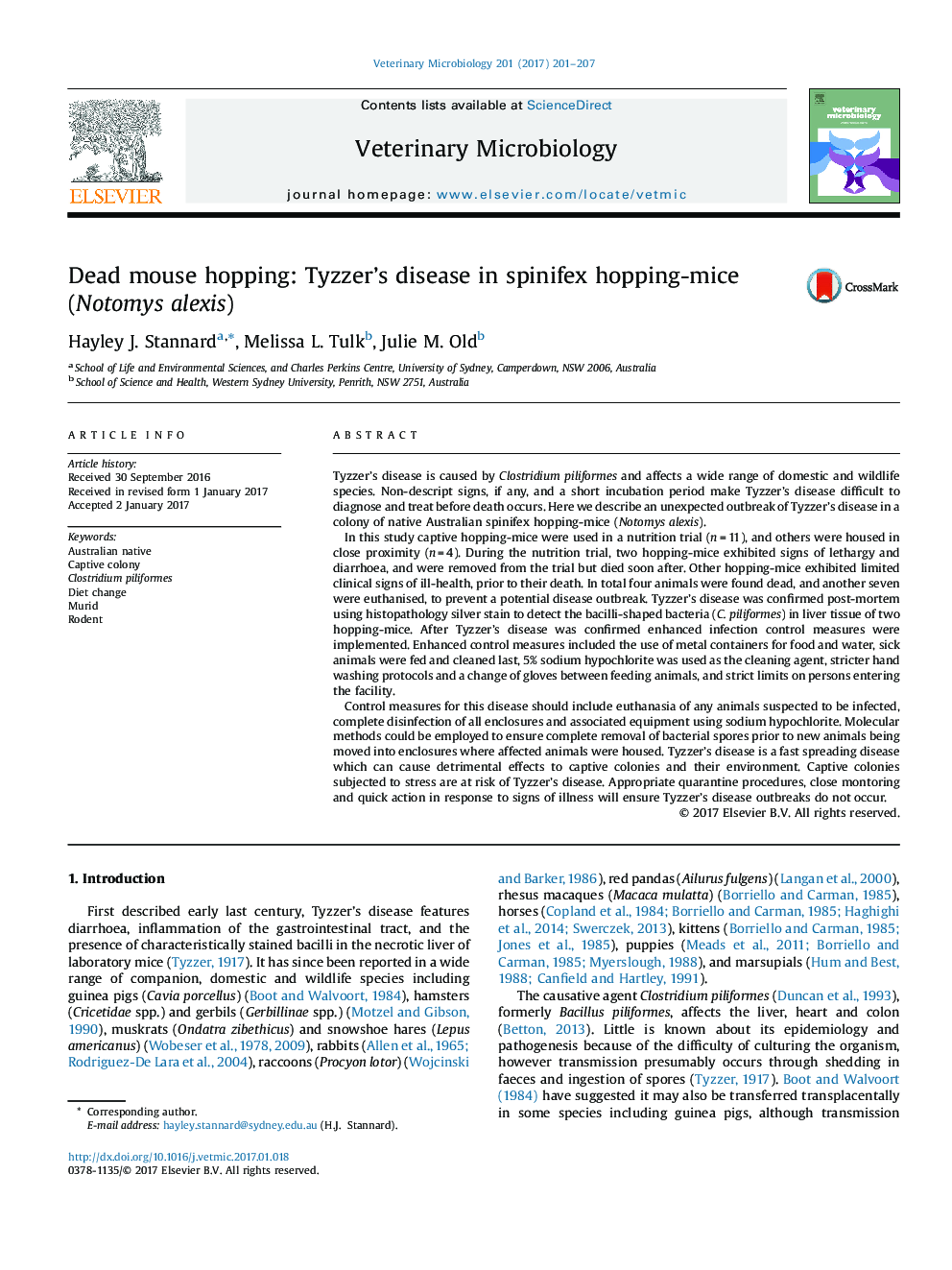 Dead mouse hopping: Tyzzer's disease in spinifex hopping-mice (Notomys alexis)