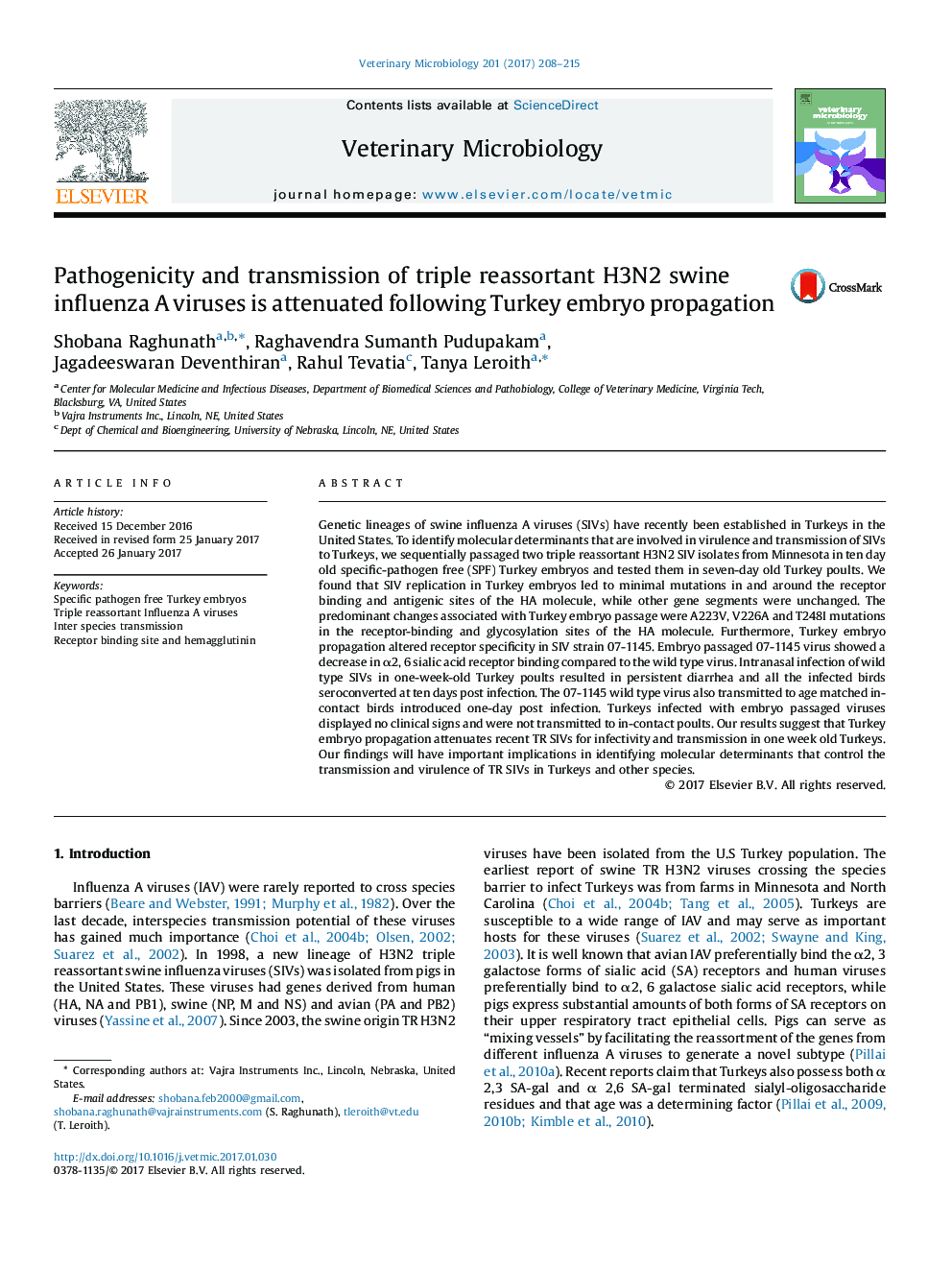 Pathogenicity and transmission of triple reassortant H3N2 swine influenza A viruses is attenuated following Turkey embryo propagation